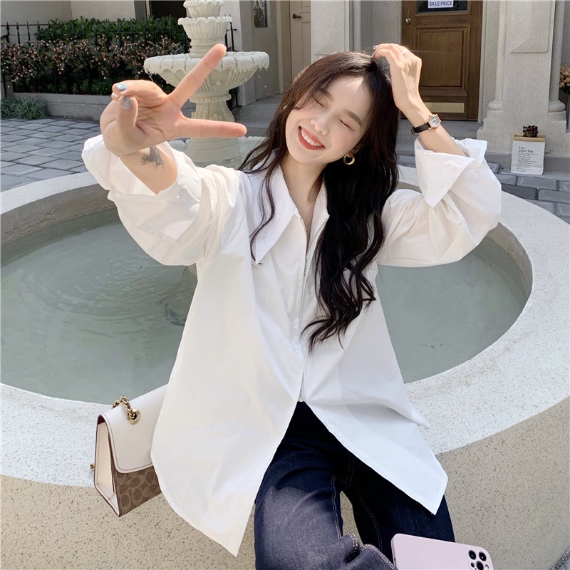 Áo sơ mi trắng tay dài cổ polo dáng rộng có khóa kéo đôi phong cách retro Mỹ thời trang cho nữ