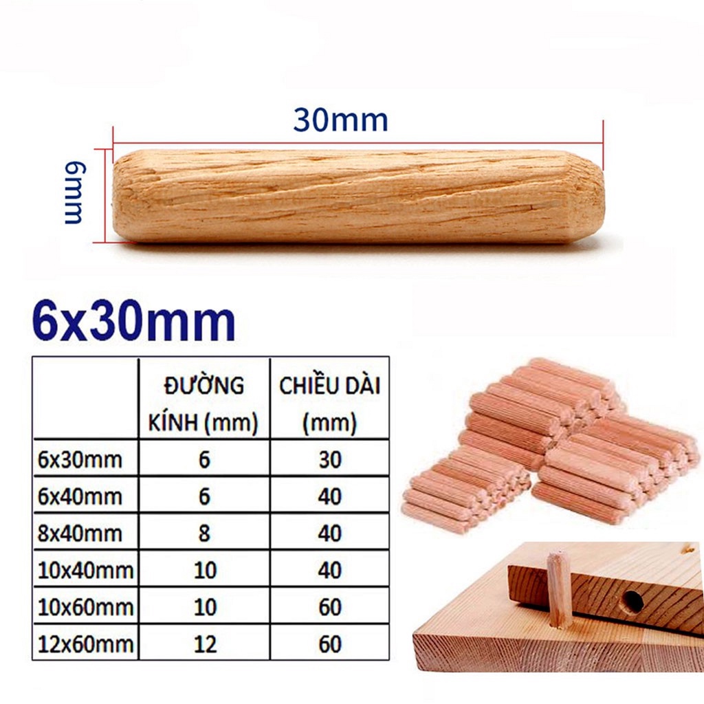 1 Kg Chốt gỗ phi 6-8-10-12mm D 30-40-60 mm