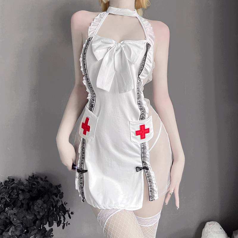 Bộ đồ ngủ hóa trang cô y tá hai dây phối ren gợi cảm chất lượng cao cho nữ
