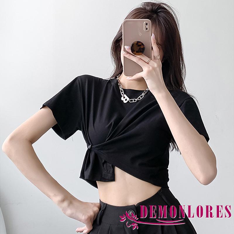 Áo Thun Croptop Ngắn Tay Cổ Tròn Màu Trơn Thiết Kế Độc Đáo Thời Trang Cho Nữ