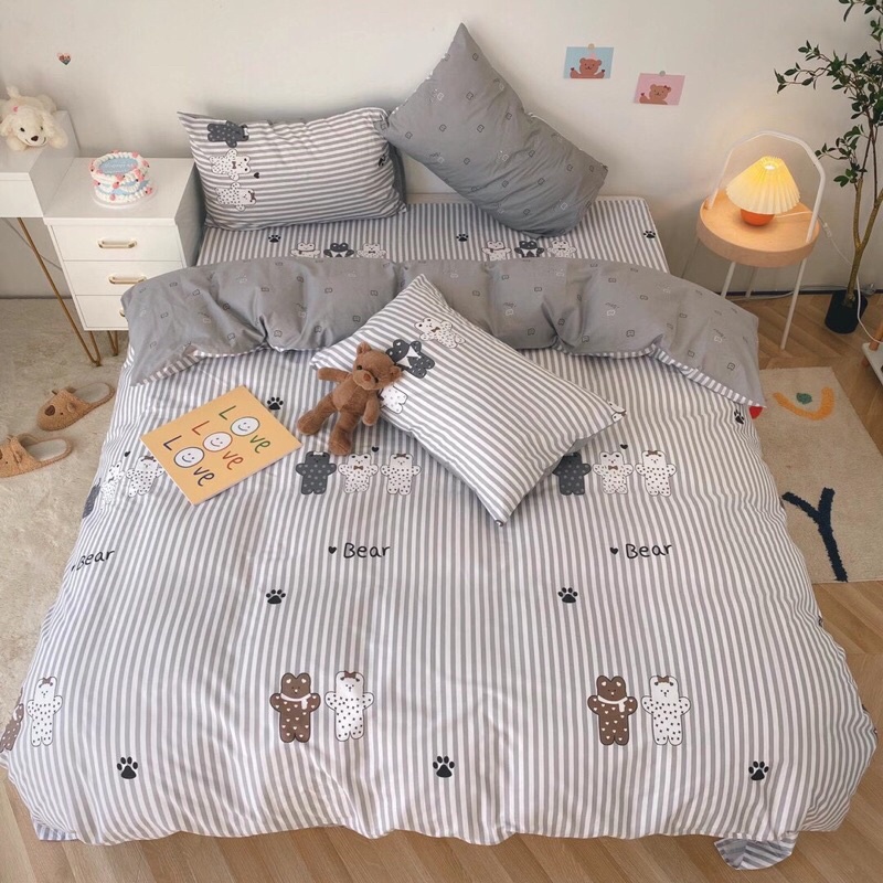 Bộ Chăn Ga Gối ❤️ Cotton living 100% cao cấp đủ size đệm ga giường họa tiết gấu đáng yêu phong cách Hàn Quốc chính hãng