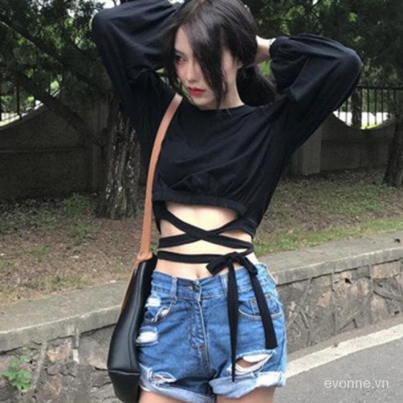 Áo Croptop Tay Dài Màu Đen Eo Cao Phong Cách Hồng Kông Quyến Rũ Cho Nữ