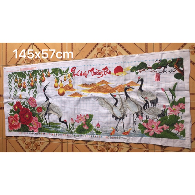 (Đã thêu) Tranh thêu thành phẩm hạc phú quý trường thọ