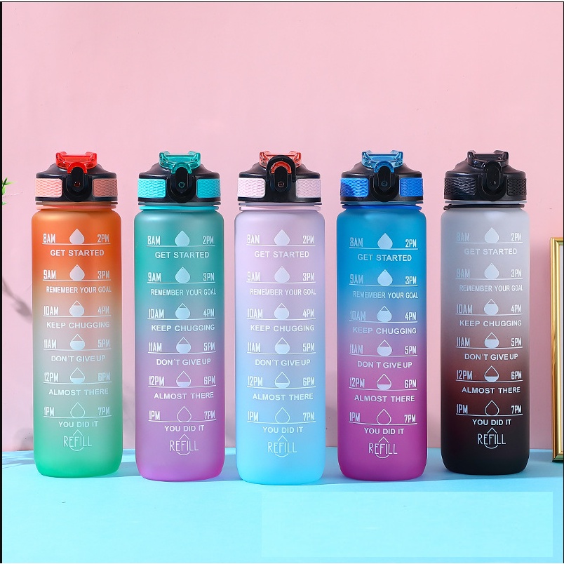 Bình Nước 1L Dễ Thương Có Vạch Báo Giờ Uống Nước, Bình Đựng Nước 2 Lít Có Ống Hút Phối Màu 3D