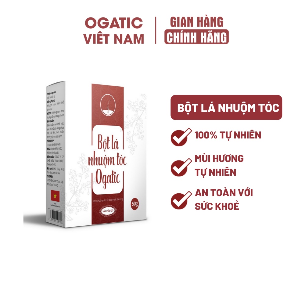 Bột lá nhuộm tóc OGATIC - nhuộm phủ bạc OGATIC - Hàng chính hãng -Từ thảo dược Lá móng-Lá chàm (Hộp 50g)