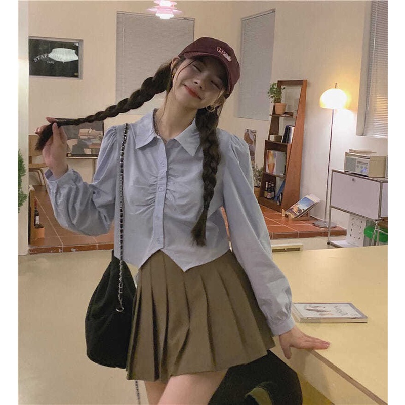 Áo Croptop Tay Dài Cổ Polo Màu Trơn Cỡ Lớn Thời Trang Cho Nữ