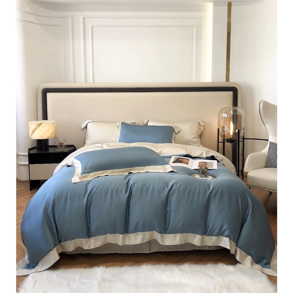 Bộ chăn ga gối trơn cao cấp 100%Tencel 120s phối 2 màu chăn viền siêu xịn mịn, mát lạnh 6 màu tùy chọn