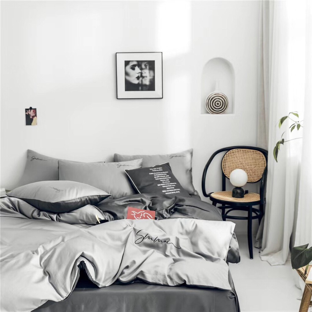 Bộ Chăn Ga Gối Lụa LIDACO cotton lụa trơn sợi vải 60s - Xám Nhạt Phối Màu