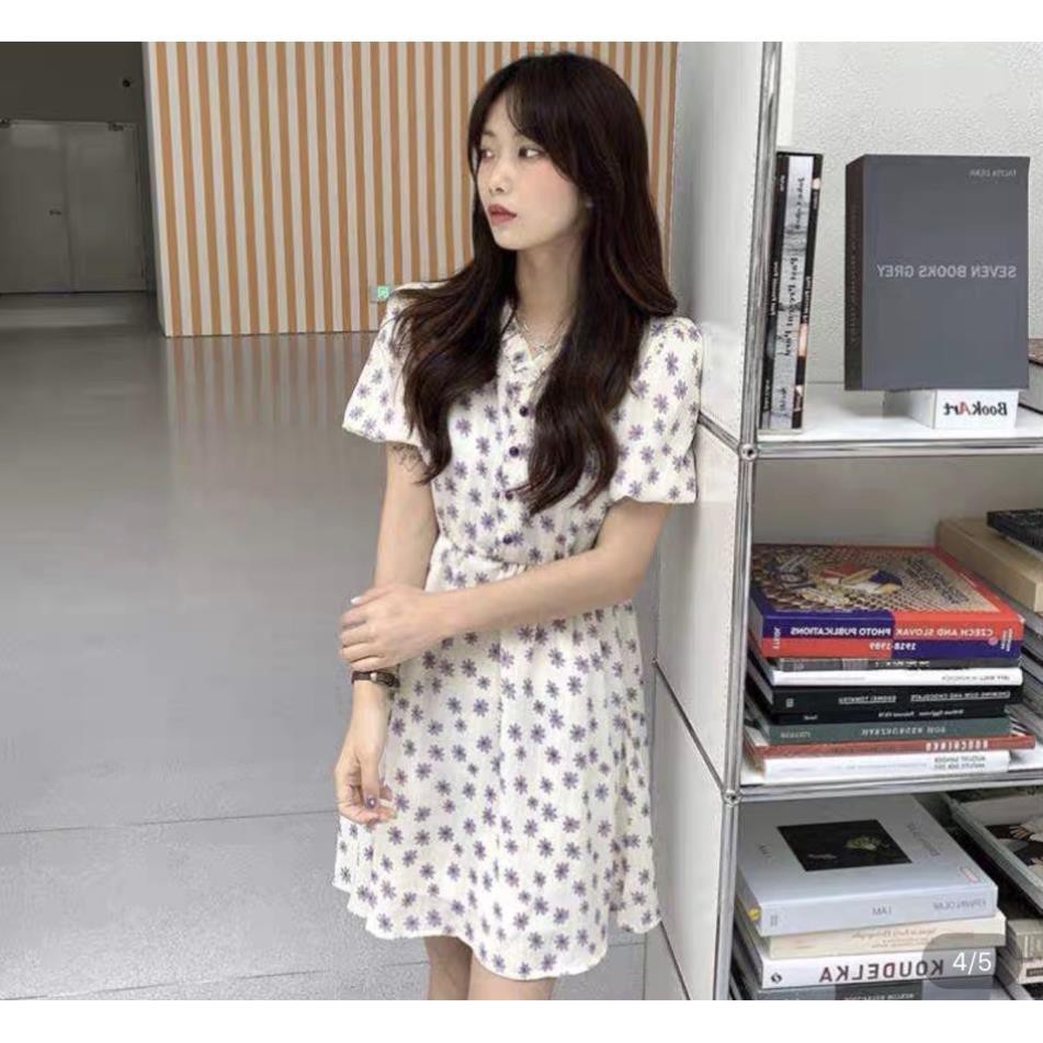 Đầm hoa cúc tím nền trắng tay bồng - Váy babydoll hoa nhí dễ thương | BigBuy360 - bigbuy360.vn