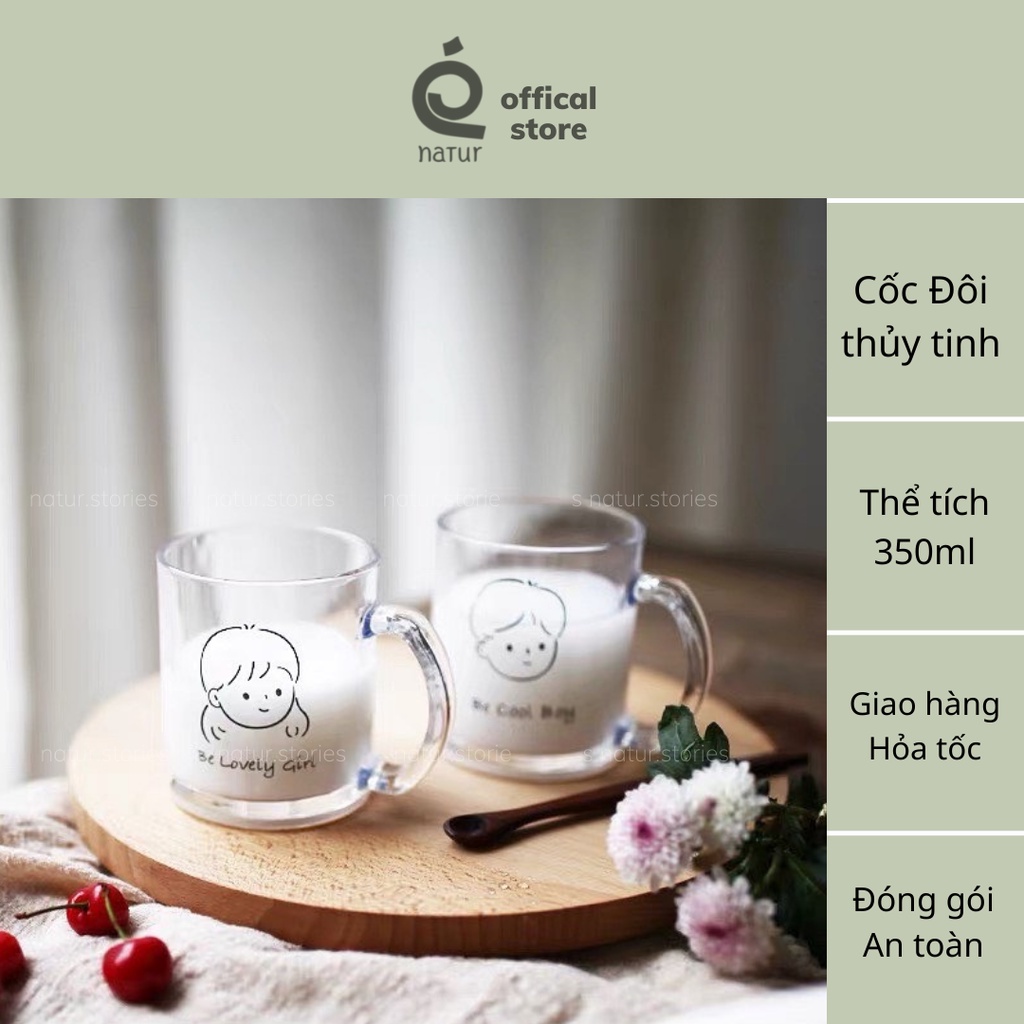 Cốc thuỷ tinh cho cặp đôi thiết kế dễ thương thể tích 300ml, sử dụng uống trà, cafe, tại văn phòng; làm quà tặng biếu