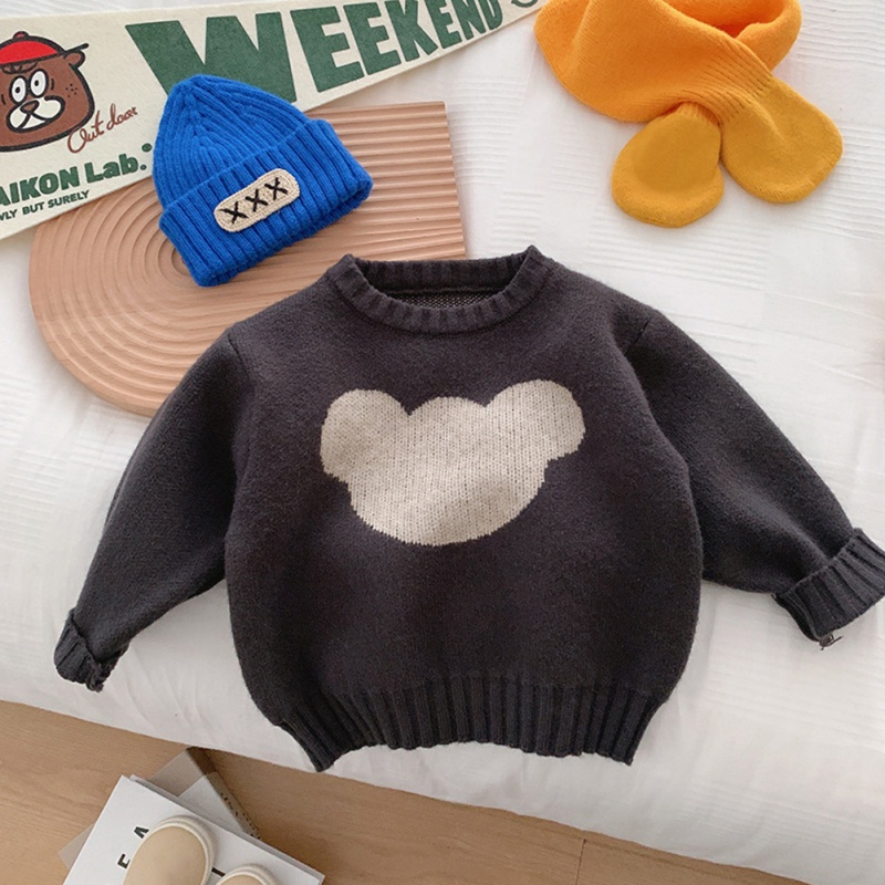 Áo Sweater Dệt Kim Tay Dài Cổ Tròn In Hình Gấu Hoạt Hình Giữ Ấm Cho Bé Trai