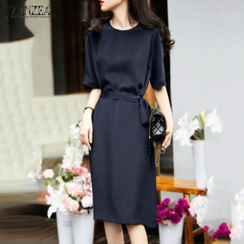 Đầm ZANZEA cổ tròn tay lửng eo vừa vải satin thời trang thanh lịch tùy chọn màu sắc dành cho nữ