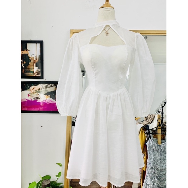 ĐẦM TRẮNG CUTOUT TIỂU THƯ- DTK- Đầm xòe cut out ngực