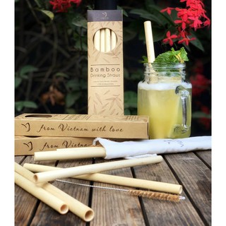 Set 8 ống hút tre tặng 1 túi vải và 1 cọ xơ dừa