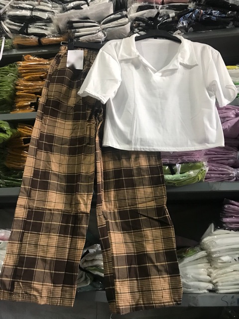 Sét áo polo croptop +quần kẻ karo