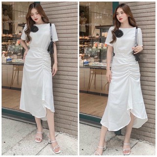 Đầm trắng cổ thuyền tùng nhúng (kèm hình thật)