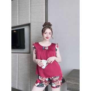 Bộ lụa đùi cánh tiên màu trơn, phối quần họa tiết xinh xắn