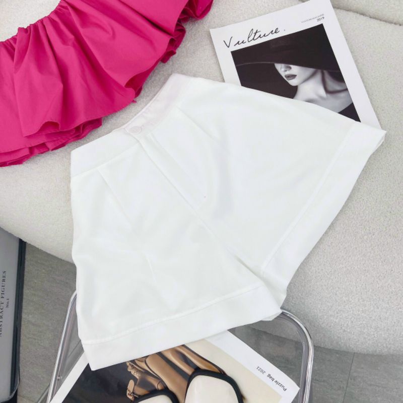 Set Áo Bẹt Vai Hồng Tầng Bèo + Quần Short Trắng Hot Hit Lên Form Siêu Xinh