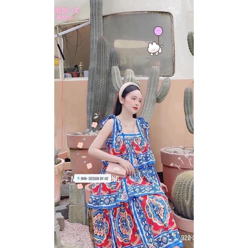 Đầm Tầng Tay Nơ Xanh Thổ Cẩm Nhập QC | BigBuy360 - bigbuy360.vn