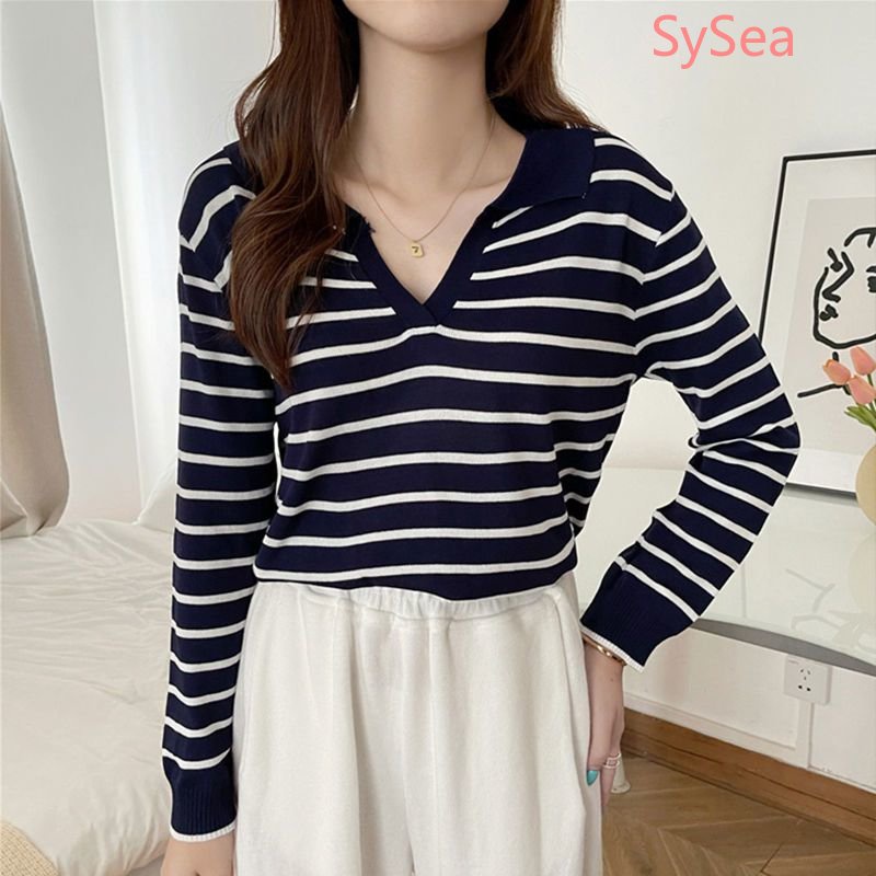 Áo Polo Dệt Kim Kẻ Sọc Kiểu Vintage Thời Trang Mùa Thu Cho Nữ