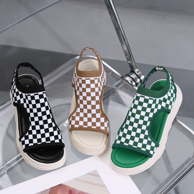 Oeggeo shop Xăng đan Dệt Kim Đế Dày Thoáng Khí Kẻ Sọc Cho Nữ