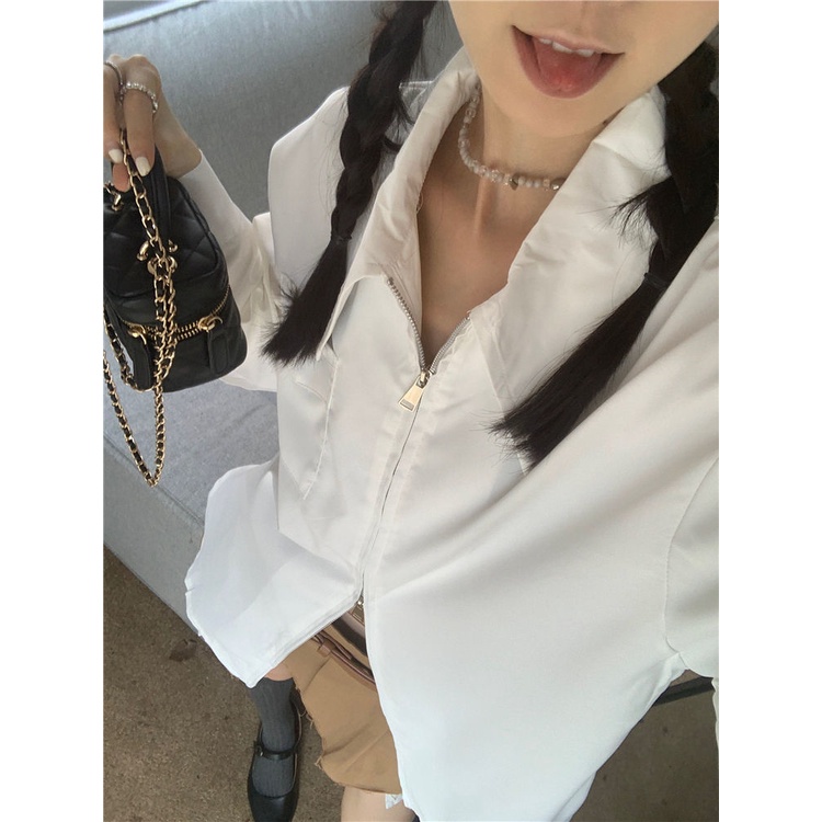 Áo Sơ Mi Tay Dài Dáng Rộng Có Khóa Kéo Kiểu Pháp Thời Trang Mùa Thu Cho Nữ