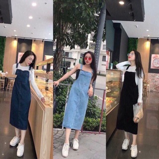 Set Yếm jean tay dài