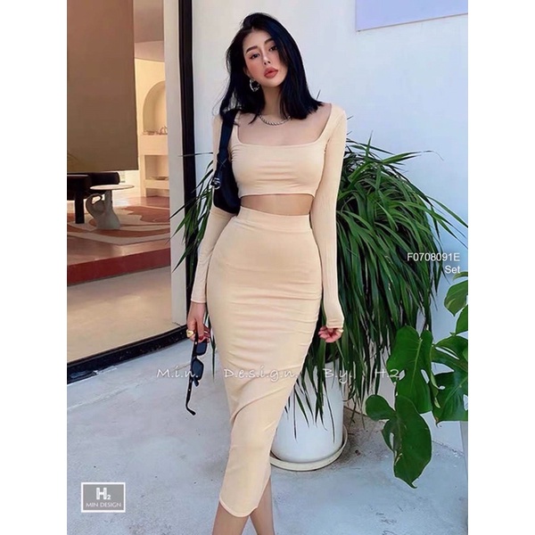 Set bozip áo croptop dài phối chân váy bút chì!