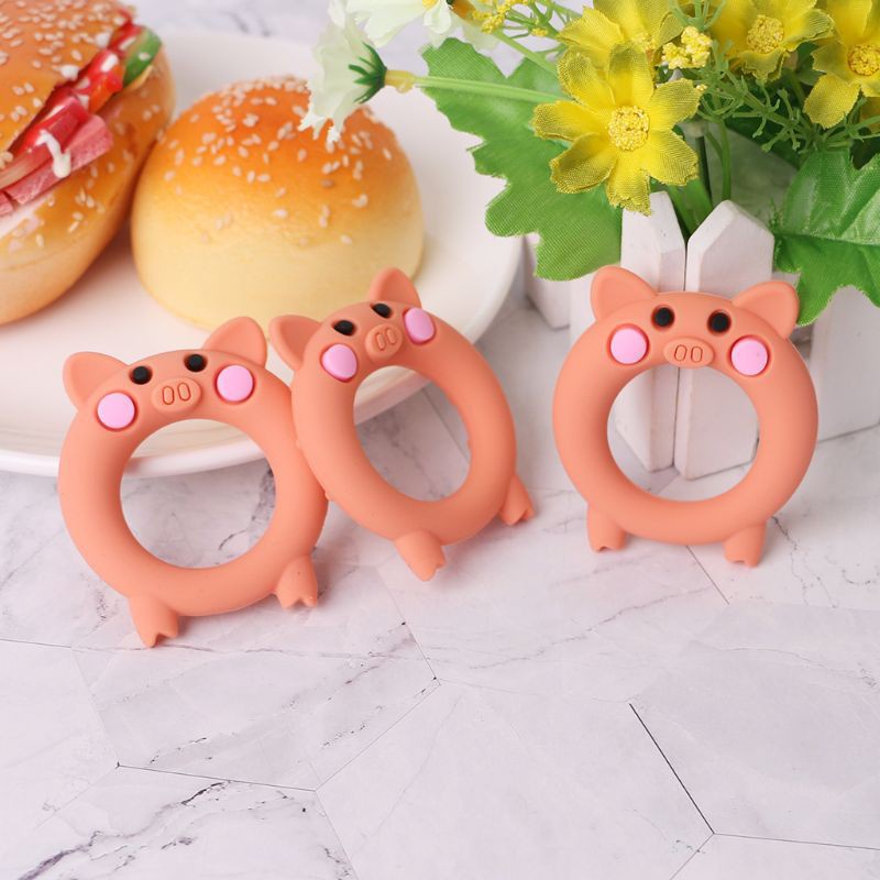 WIT Baby Teether Food Grade Silicone Cartoon Pig Teething Oral Care Newborn Pacifier Soother Chew Toys DIY Necklace Pain Relief Massage Teeth Bracelet Ring Soft Elastic