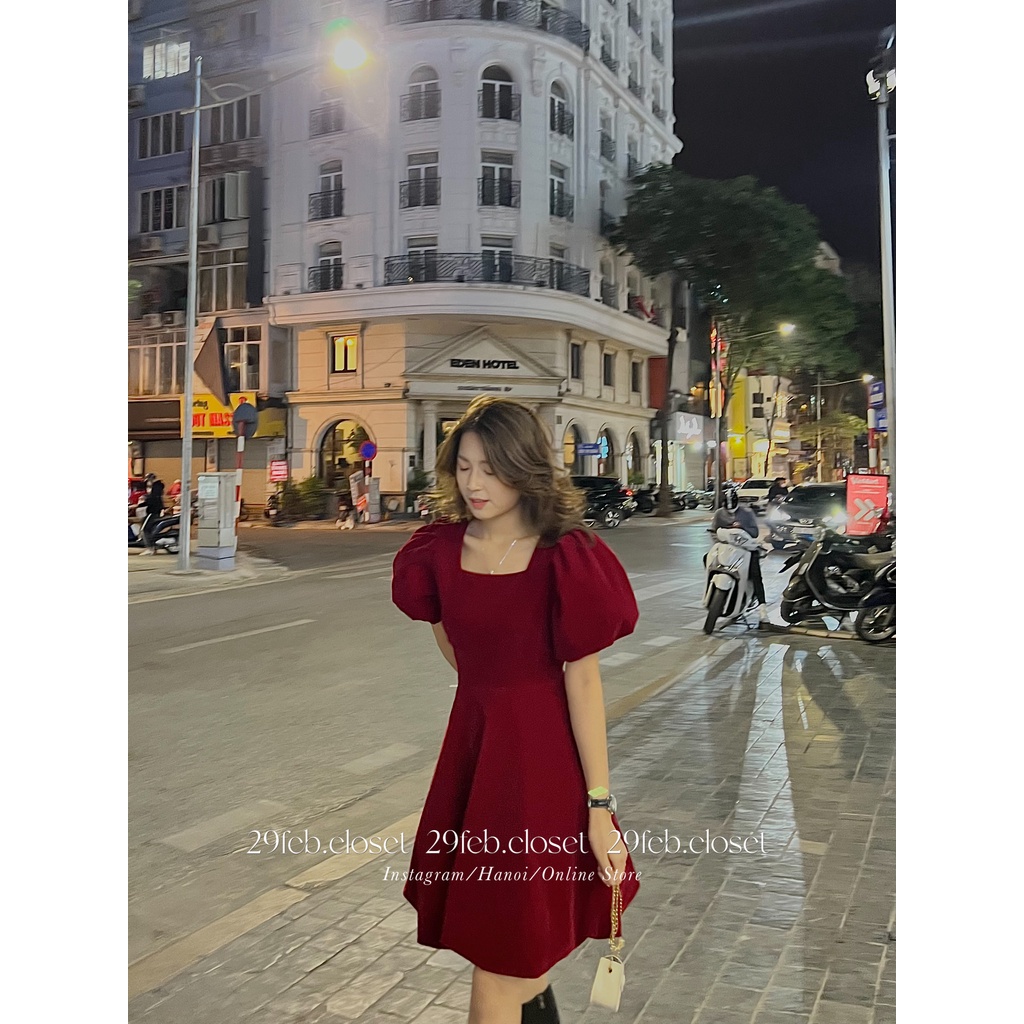 [Ảnh thật/Video] Váy nhung 2 lớp cổ vuông dáng bồng tiểu thư- 29feb.closet | BigBuy360 - bigbuy360.vn