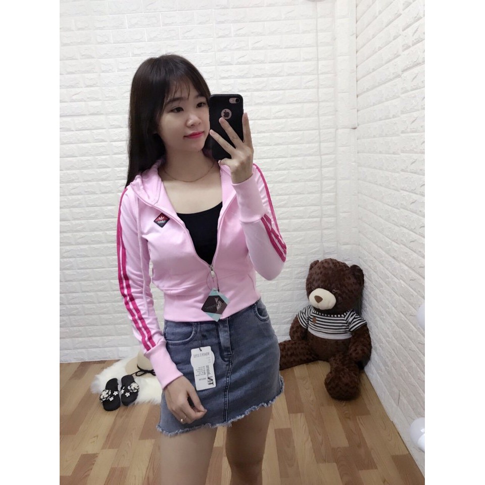 ÁO KHOÁC NỮ THÊU LOGO THUN DA CÁ TAY SỌC