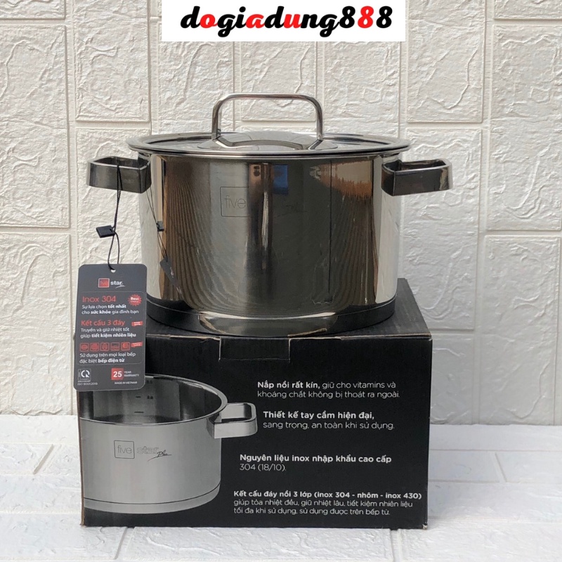 Nồi inox 304 3 đáy đun bếp từ Fivestar size 20cm - 24cm
