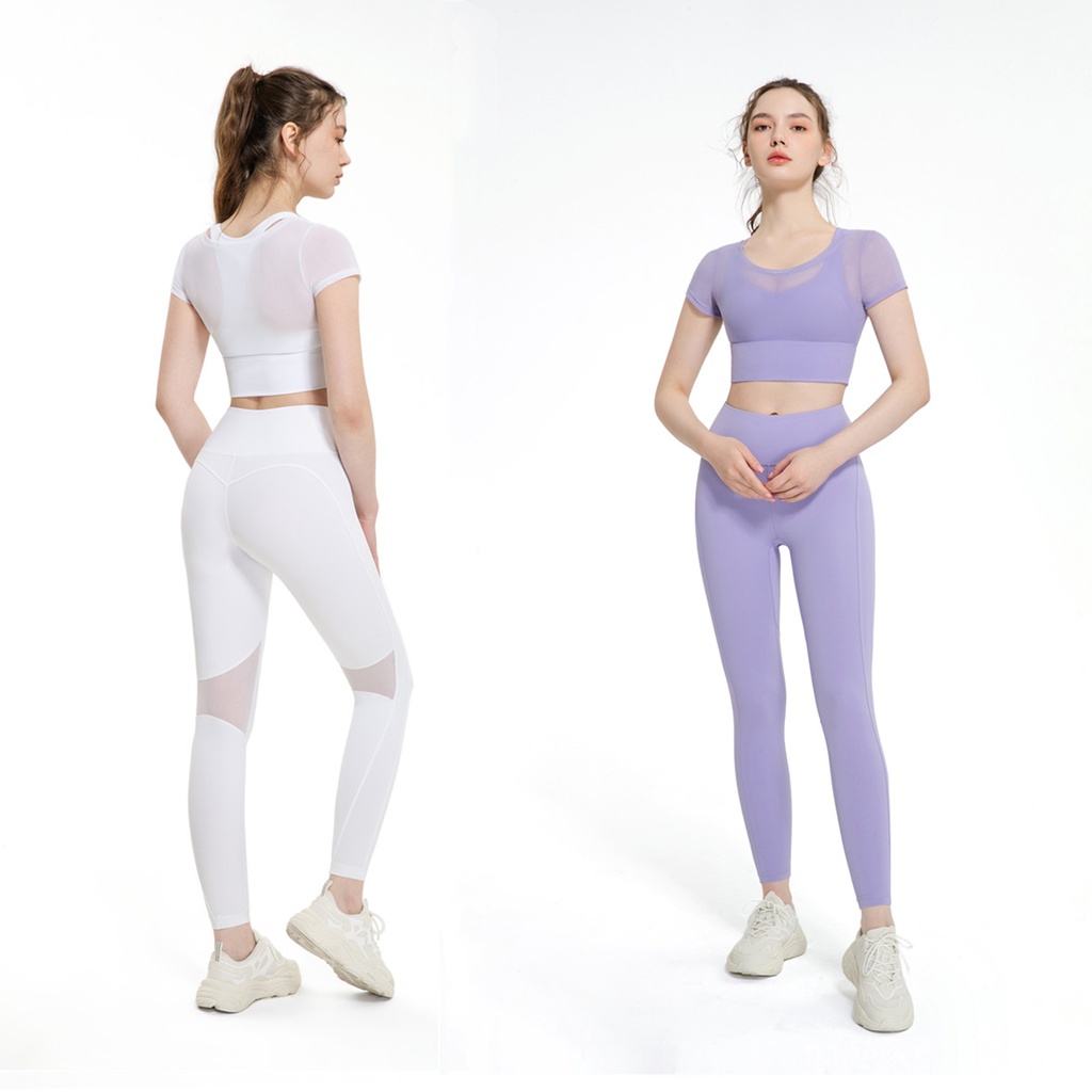 Bộ đồ thể thao Hoppe Fumeng với áo thun tay ngắn có mút ngực và quần legging cạp cao thời trang