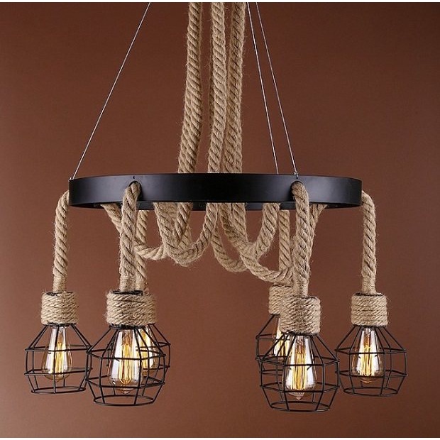 Đèn Chùm Dây Thừng 6 Chao Lưới Bóng Led Edison ST64, Đèn Thả Trần Cổ Điển
