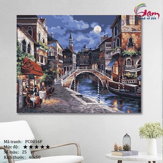 Tranh tự tô màu theo số sơn dầu số hóa Gam Cổ trấn Venice đêm trăng mã PC0016F