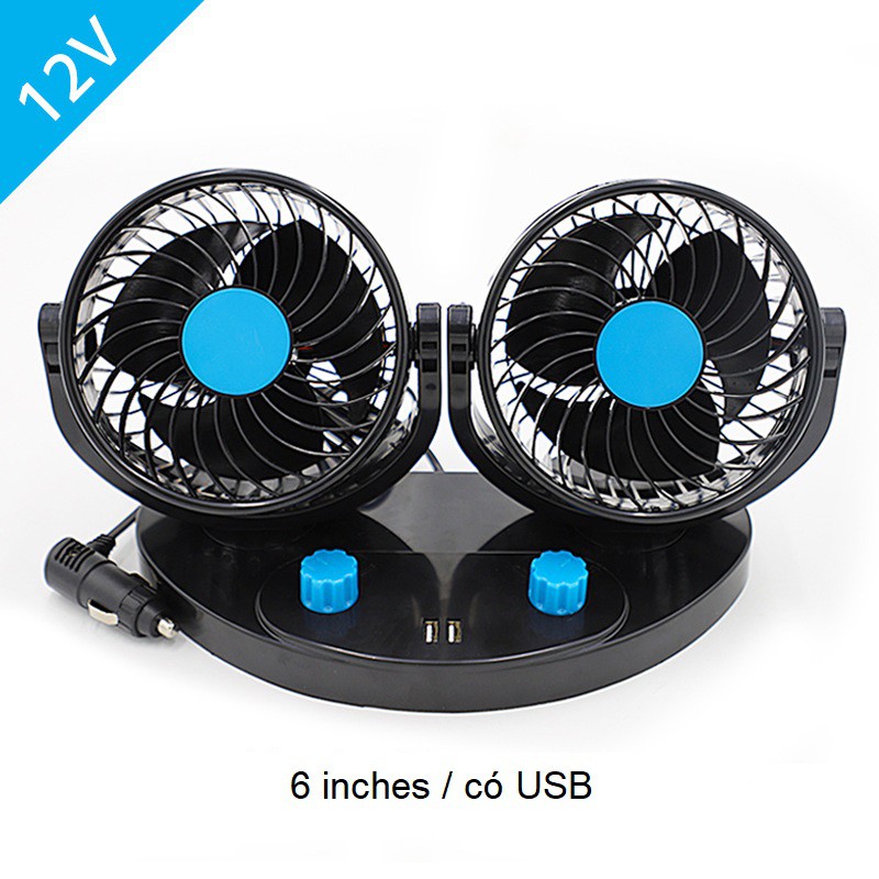 Quạt Đôi Ô Tô 12V Xoay 360 Độ Điều Chỉnh Tốc Độ Có 2 Cổng Sạc USB