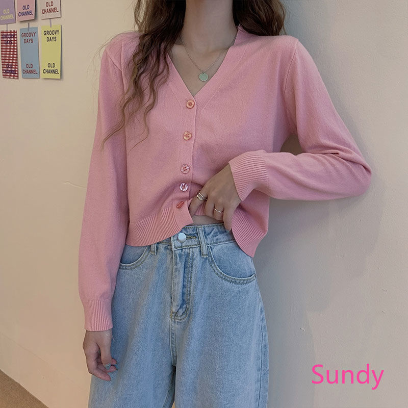 Áo Cardigan Dệt Kim Tay Dài Cổ Chữ V Thanh Lịch