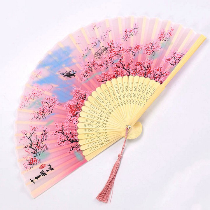Quạt giấy trắng xanh xếp cầm tay phong cách Trung Quốc cổ trang nhiều màu xinh xắn dễ thương cam hồng đỏ