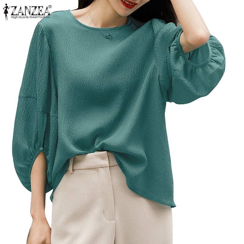 Áo Kiểu Tay Phồng Cổ Tròn 3 / 4 Màu Trơn Thời Trang Cho Nữ ZANZEA