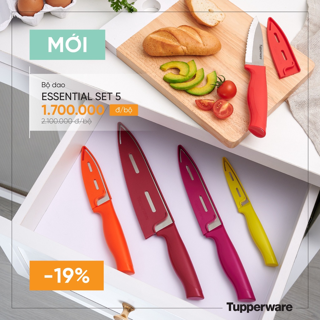 Bộ dao Essential Knives 5 món - Dao có vỏ, lưỡi thép không gỉ chính hãng Tupperware - Luxury Kitchen