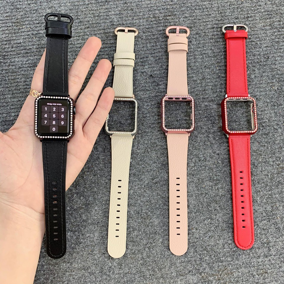 Combo dây da khóa tròn và ốp viền đính đá dành cho apple watch