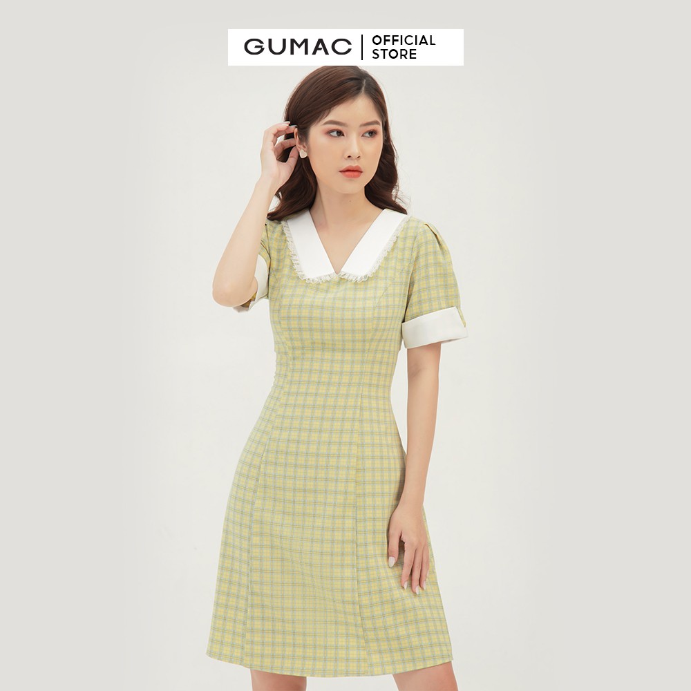 Đầm thiết kế caro phối cổ GUMAC tay ngắn nhiều màu đủ size DB327 | BigBuy360 - bigbuy360.vn