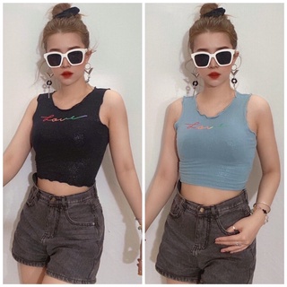 Áo croptop 3 lỗ xoăn lai thun cotton nhũ in chữ Love, 2 màu