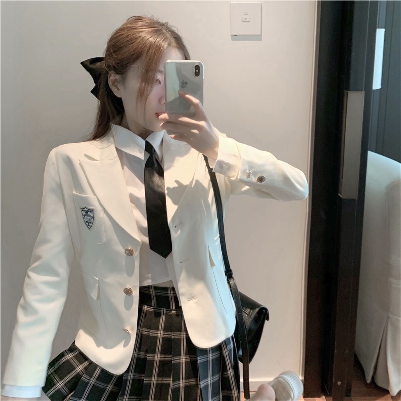 Set váy xếp ly kẻ sọc +Áo vest trơn màu phong cách Hàn Quốc | BigBuy360 - bigbuy360.vn