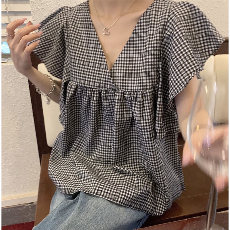 Áo Sơ Mi Tay Cánh Tiên Kẻ Sọc Caro Trắng Đen Dễ Thương Cho Nữ