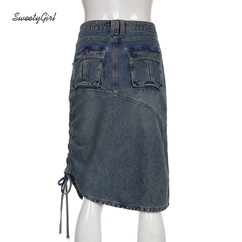 Chân váy jean Lưng Thấp Phối Nút Màu Trơn 2022 Cho Nữ