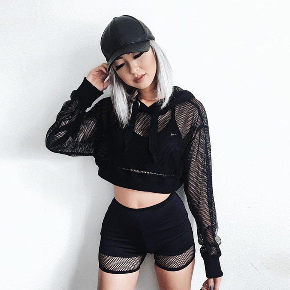 Áo Croptop Tay Dài Dạng Lưới Gợi Cảm Size M-Xl