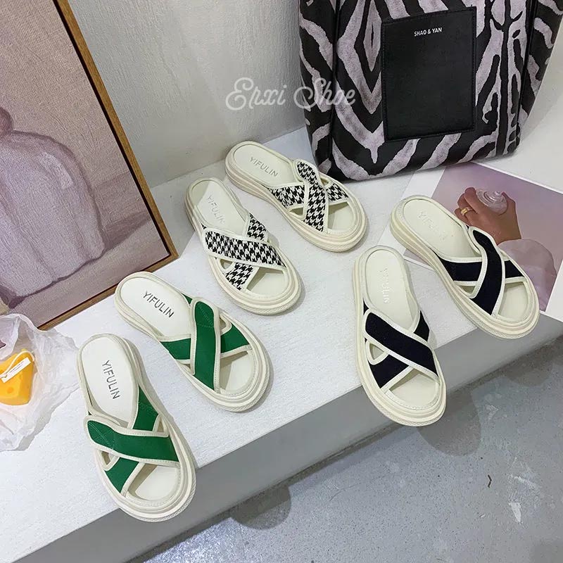Oeggeo shop Xăng đan Đế Dày Đan Dây Chéo Chất Liệu canvas Cho Nữ