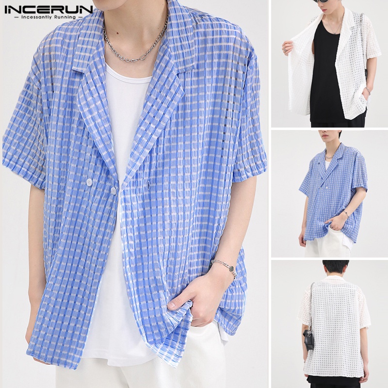 Áo sơ mi INCERUN ngắn tay dáng rộng họa tiết sọc caro phong cách Hàn Quốc cho nam