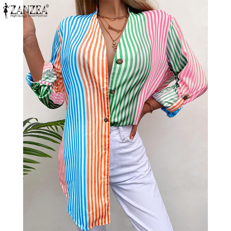 Áo sơ mi ZANZEA tay dài cổ đứng cài nút họa tiết sọc thời trang Âu Mỹ cho nữ